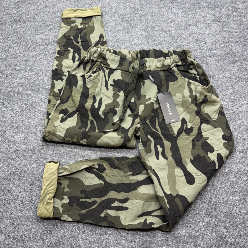 Venti6 Italy Camouflage Crinkle Joggers Green Camo Drawstring Pants Size M NWT